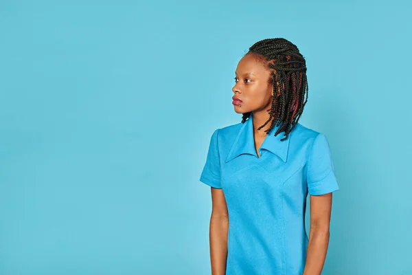 Portrait Beautiful African American Girl Dress Braid Hairstyle Blue Background — Stock Photo, Image