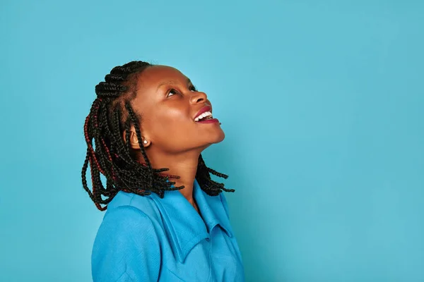 Emotional Happy Portrait African American Girl Blue Background — Stock Photo, Image