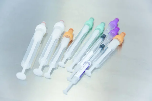 New Test Tubes Syringes Analysis Medical Table — Stock Photo, Image