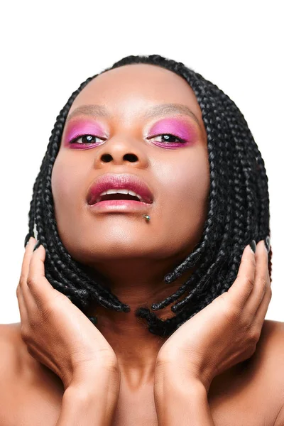 Portrait Happy African American Girl Pink Make Visage White Background — Stock Photo, Image