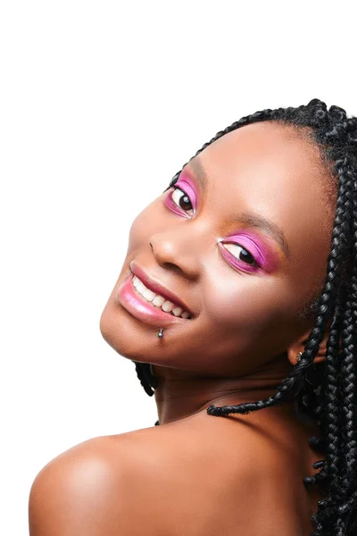 Emotional Portrait African American Girl Pink Make Visage White Background — Stock Photo, Image