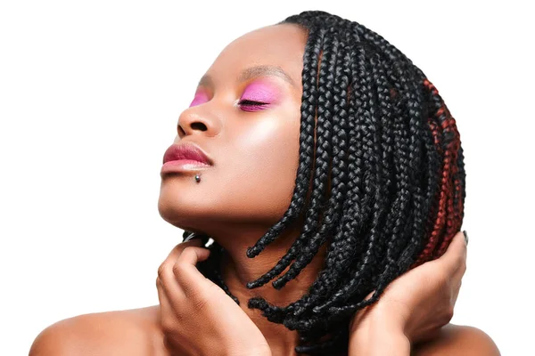 Beauty Portrait African American Girl Closed Eyes Pink Visage Make — Stock Photo, Image