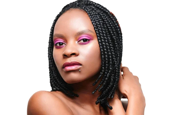 Beauty Portrait African American Girl Pink Visage Make Hairstyle Braids — Stock Photo, Image