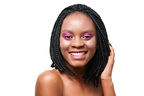 Emotional Portrait Happy African American Girl Pink Make Visage White — Stock Photo, Image