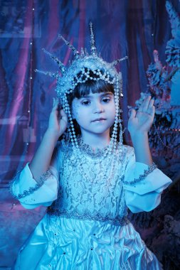 Taçtaki Kar Kraliçesi 'nin çocuğunun portresi. Peri masalı kavramı