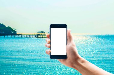 Dikey konumda smartphone telefon kullanarak el, deniz arka plan bulanıklık.