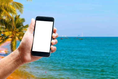 Dikey konumda smartphone telefon kullanarak el, deniz arka plan bulanıklık.