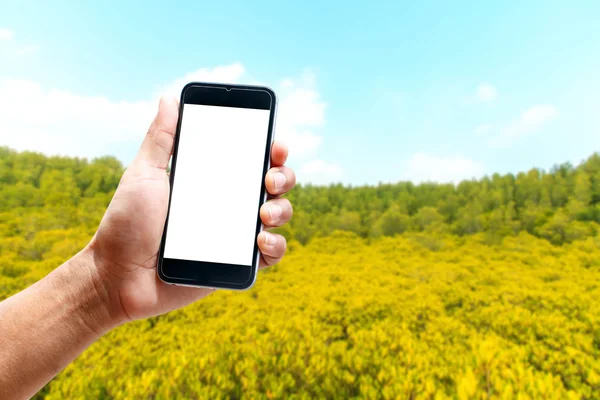 Dikey konumunu, güzel manzara arka plan bulanıklık smartphone telefon kullanarak ele