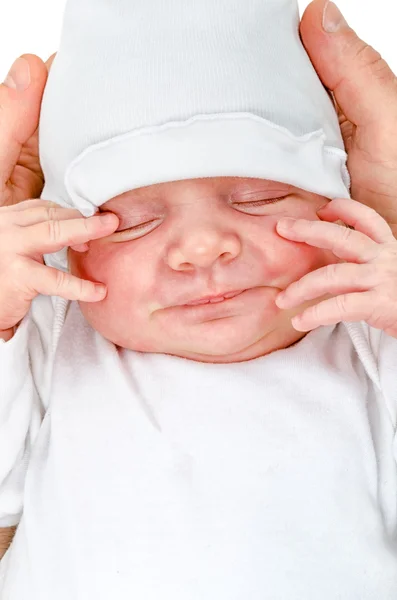 Şirin bebek baba elinde uyku portresi — Stok fotoğraf