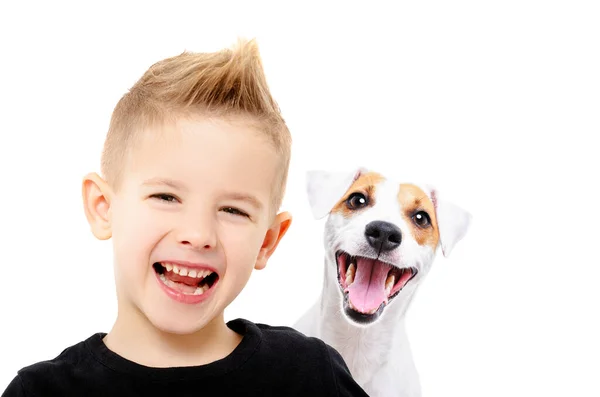 Portrait Happy Smiling Boy Jack Russell Terrier Dog Closeup Isolated — Stock Photo, Image