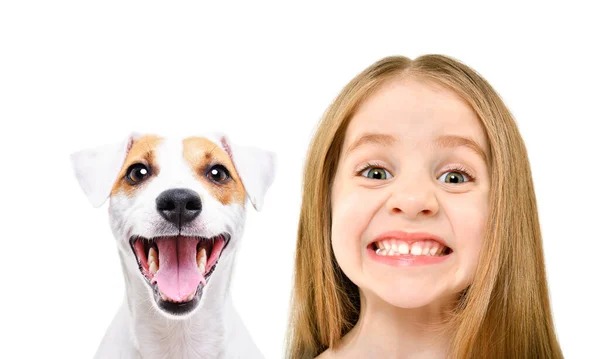 Retrato Linda Chica Sonriente Divertido Gato Perro Russell Terrier Aislado —  Fotos de Stock
