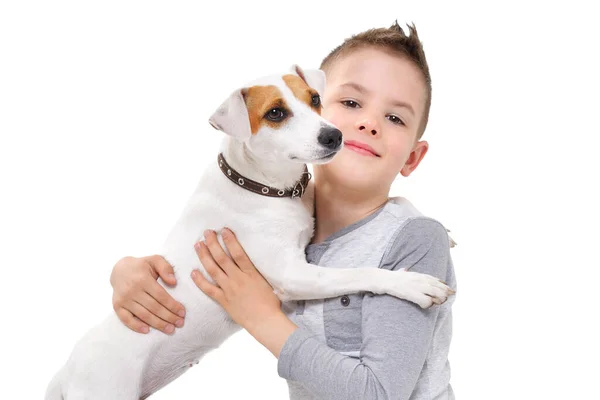 Portret Chłopca Przytulającego Swojego Psa Pastora Russella Terriera Odizolowanego Białym — Zdjęcie stockowe