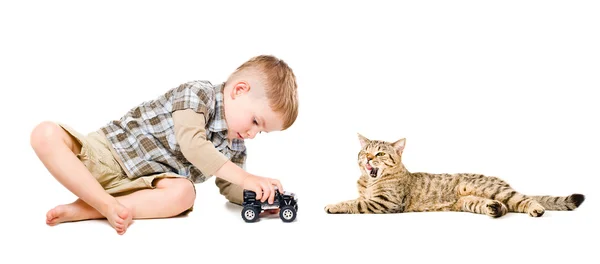 Boy playing near the cat — Stock Photo, Image