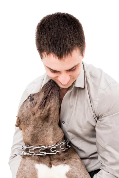 Portrait of a young man and a pit bull — Stock Photo, Image