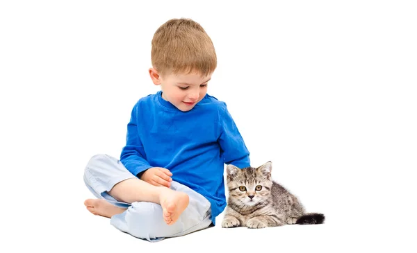 Niedlicher Junge sitzt mit einem Kätzchen schottisch gerade — Stockfoto