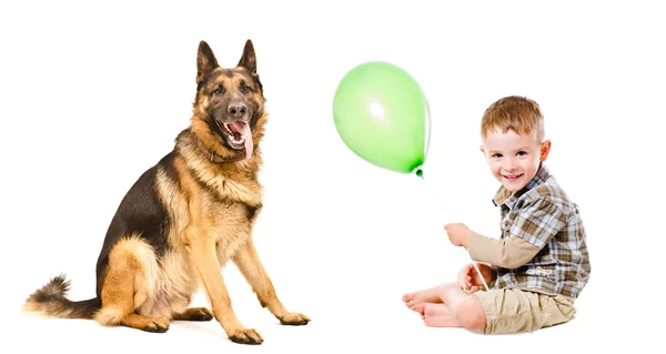 Счастливый мальчик и немецкая овчарка играют с воздушным шаром — стоковое фото