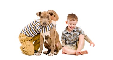 İki çocuk ve bir köpek yavrusu çukur birlikte oturan boğa