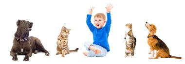 Group of a pets and happy boy clipart