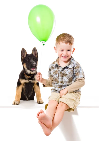 Mutlu çocuk ve köpek yavrusu Alman çoban — Stok fotoğraf