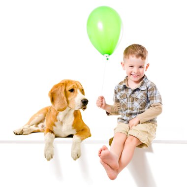 Balon oynayan çocuk ve Beagle köpek