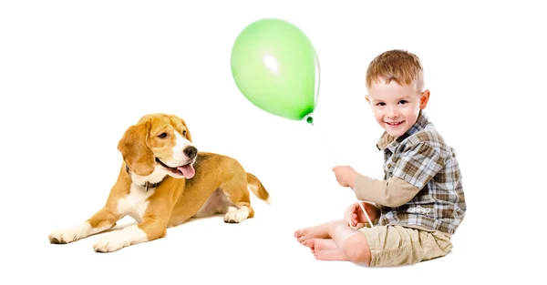 Щасливий хлопчик і бігль собака сидить разом — стокове фото