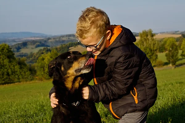 Old dog with young boy — Stock Photo, Image