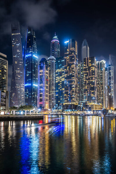 2020 / 02 / 28, Dubai Marina Bay skyscrapers skyline at night, UAE