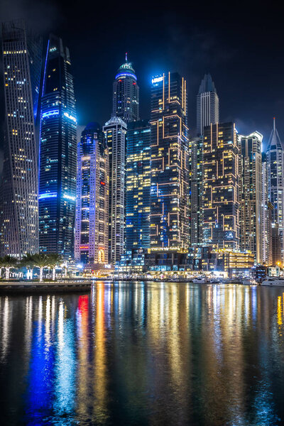 2020/02/28, Dubai Marina Bay skyscrapers skyline at night, UAE