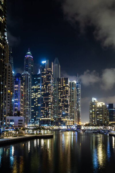 The beauty of Dubai Marina skyscrapers at night, UAE