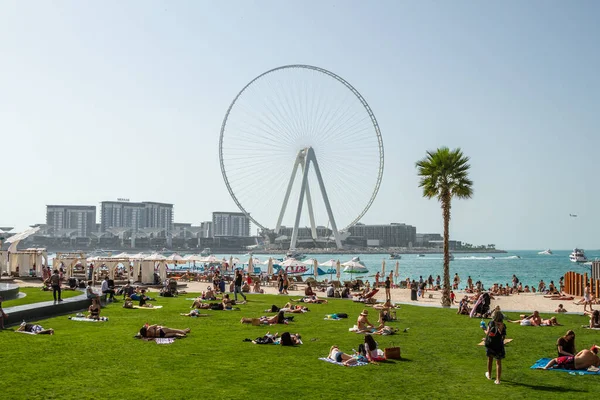 Dubai, BAE. Dubai Marina Jumeirah plajı. İnsanlar çimlerin ve kumların üzerinde. Dubai inşaatı