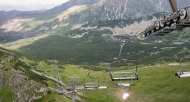 Polonya Tatraları 'ndaki Kasprowy Wierch' e dağ hız treni. Kozalaklı ağaçların üzerindeki tırabzanlar. Dağ yolu. Yüksek yeşil ağaçlar.