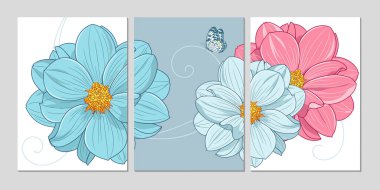 Bir kafenin, restoranın, oturma odasının, mutfağın, yatak odasının duvarlarını süslemek için kelebek ve çiçek aryllis desenli üç güzel arka plan..
