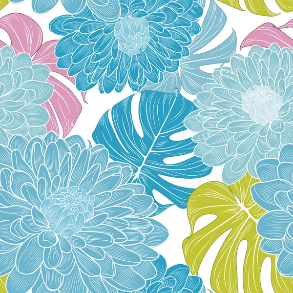 Abstraktes Nahtloses Muster Mit Blauen Chrysanthemenblüten Und Monsterblättern Illustrationselemente Für — Stockvektor