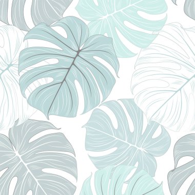 Yeşil tropikal canavar yapraklı, soyut, pürüzsüz bir desen. Tasarım için vektör ögesi.