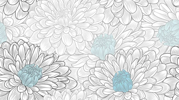 Monochrom Nahtlose Hand Zeichnung Floralen Hintergrund Mit Blume Chrysantheme — Stockvektor