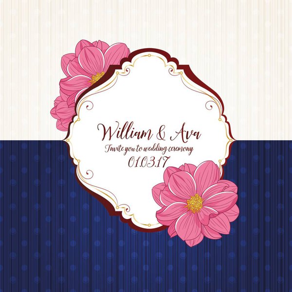 Приглашение на свадьбу с цветами Далия. Стильная винтажная рамка на фоне горошек. Открытки, поздравления с днем рождения. Векторная иллюстрация.