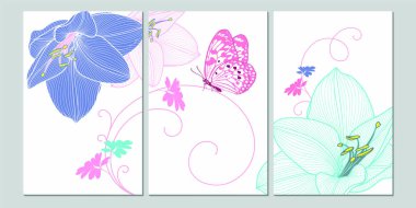 Bir kafenin, restoranın, oturma odasının, mutfağın, yatak odasının duvarlarını süslemek için kelebekli ve çiçekli üç güzel arka plan seti..