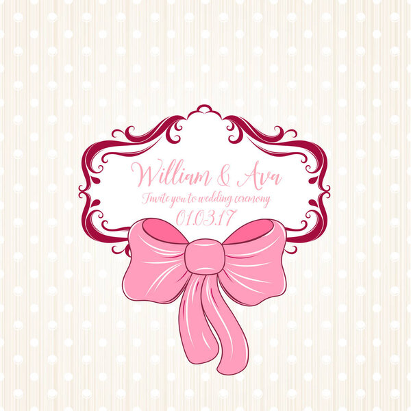 Приглашение на свадьбу с цветами Далия. Стильная винтажная рамка на фоне горошек. Открытки, поздравления с днем рождения. Векторная иллюстрация.