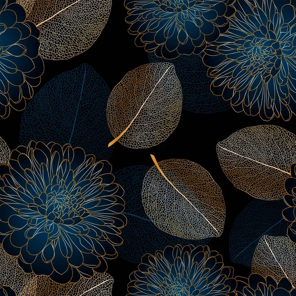 Luxus Goldenen Nahtlosen Hand Zeichnung Floralen Hintergrund Mit Chrysanthemenblumen — Stockvektor