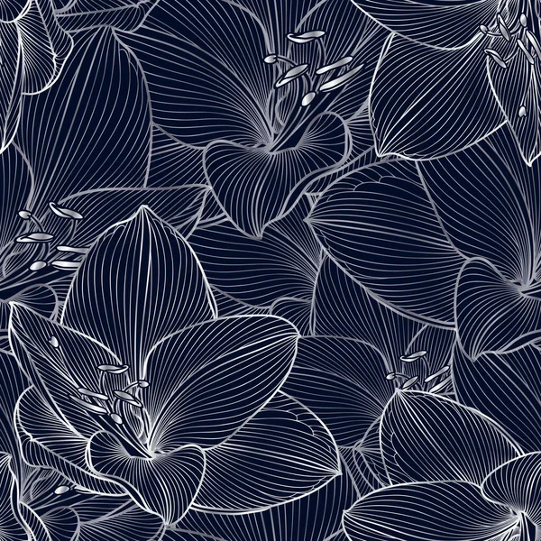 Silber Nahtlose Handzeichnung Floralen Hintergrund Mit Blume Amaryllis Vektorillustration — Stockvektor