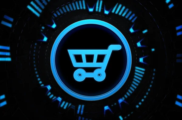 Carrinho de compras ícone azul no espaço da tecnologia — Fotografia de Stock