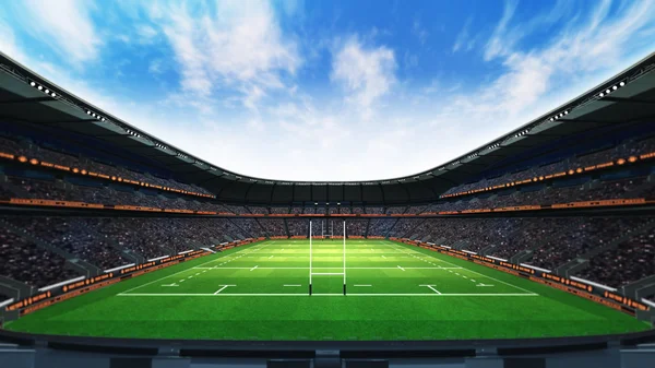 Ragbyový stadion s fanoušky a trávy na denní světlo — Stock fotografie