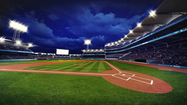 Освещенный современный бейсбольный стадион со зрителями и зеленой травой — стоковое фото