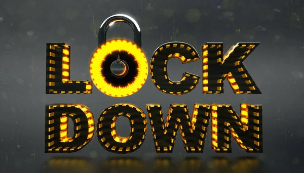 Yellow Lockdown Warning Text Padlock Grey Background Health Protection Restriction — Stock Photo, Image