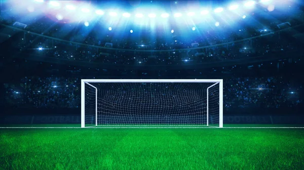 足球场点点滴滴 球门空空如也 球迷们在后台欢呼 体育广告的数字3D插图 — 图库照片