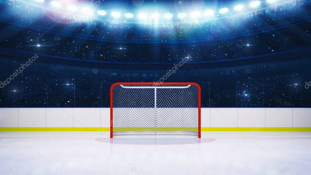 Ice hockey stadium from player view with empty goal and cheering fans on background. Digital 3D illustration for sport advertising.