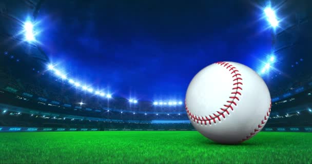 Modern Baseball Stadium Shining Lights Ball Motion Grass Field Professional — Stock Video