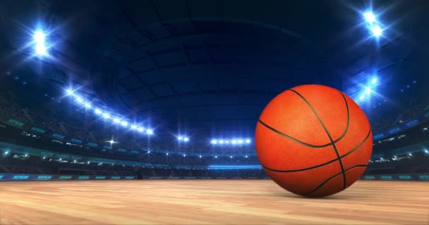 Arena Moderna Baloncesto Con Luces Brillantes Movimiento Pelota Cancha Madera — Vídeo de stock