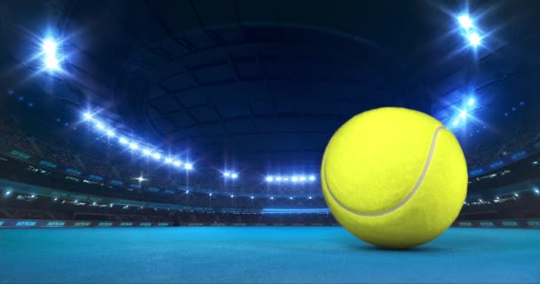 Moderne Tennis Arena Met Schijnende Lichten Bal Beweging Blauwe Baan — Stockvideo