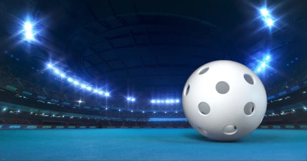 Moderne Floorball Arena Mit Leuchtenden Lichtern Und Ballbewegungen Auf Dem — Stockvideo